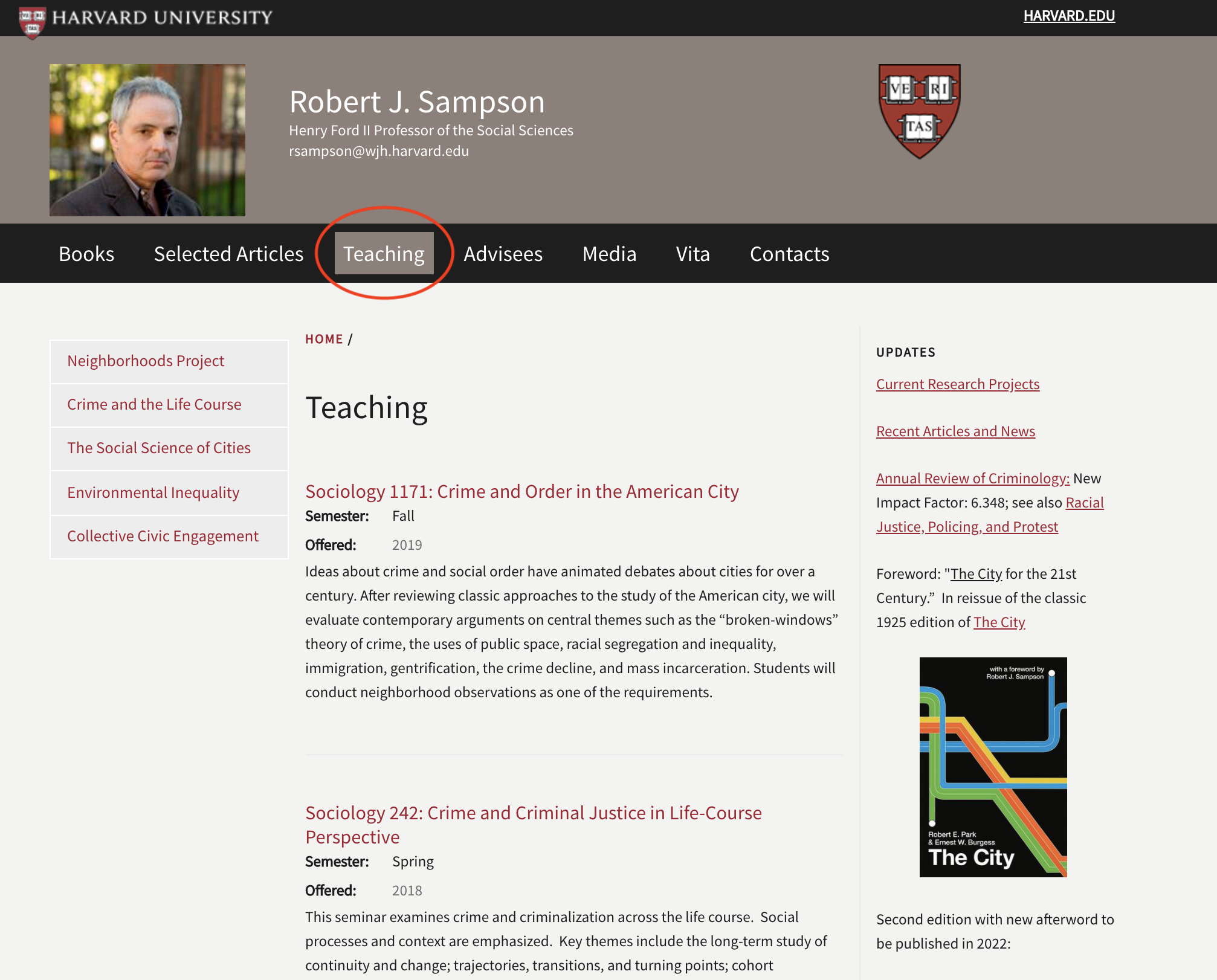 faculty website showcasing teaching section