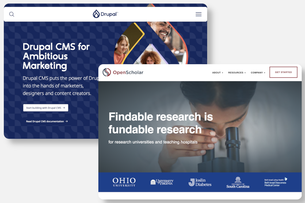 Screenshots of Drupal CMS and OpenScholar homepages