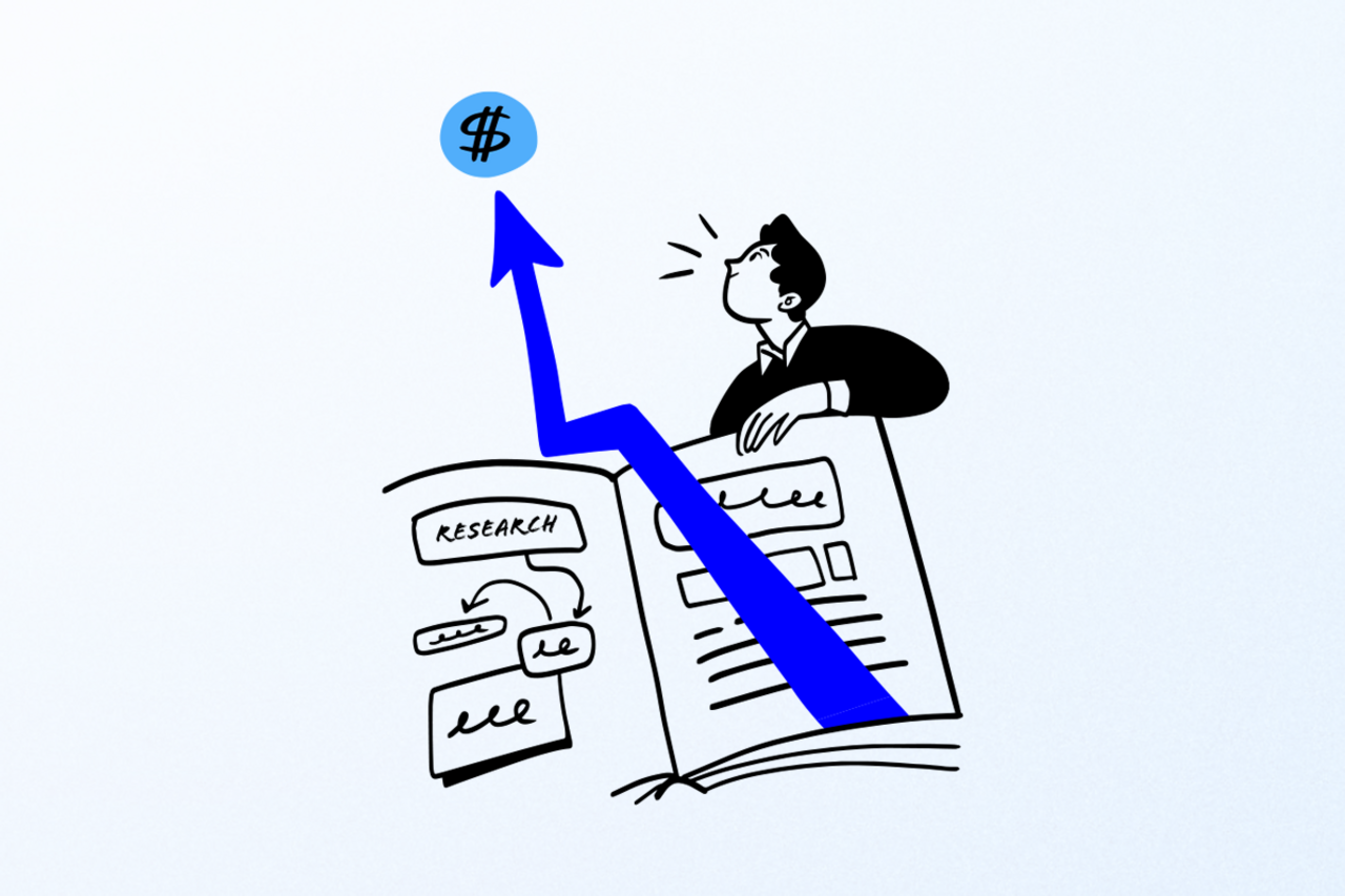An illustration of a man with his research and an arrow going from it to a dollar sign. 