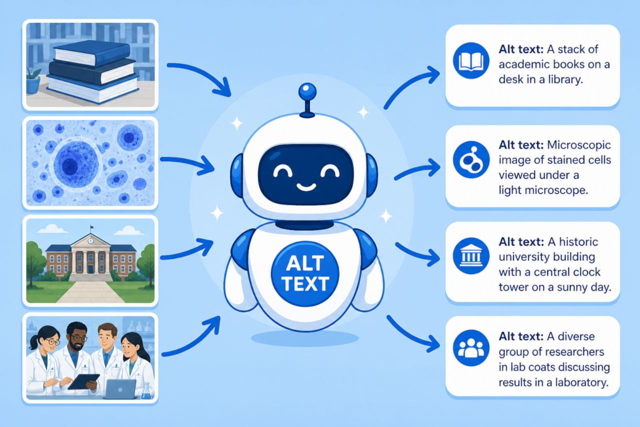 Four images of academic subjects passing through a robot and coming out with text descriptions on the other side
