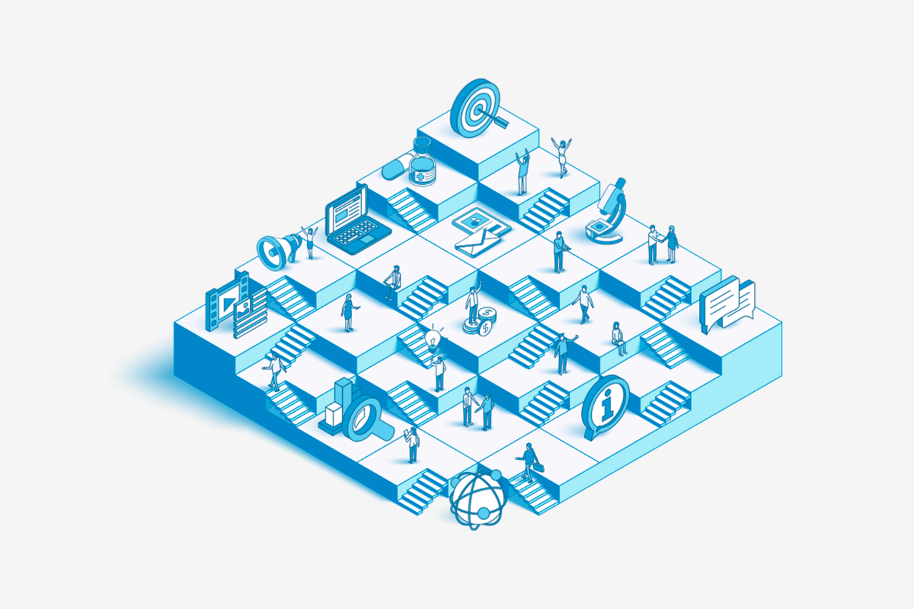 An image depicting a labyrinth of visibility tools and various researchers