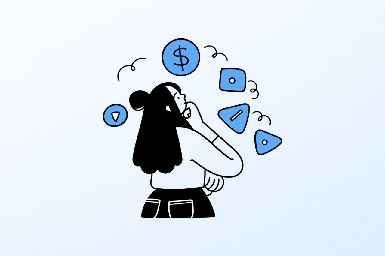 Woman thinking with dollar signs and icons floating above her head.