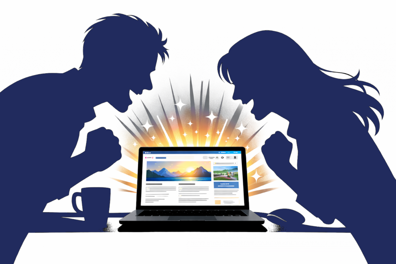 two people admiring a laptop screen