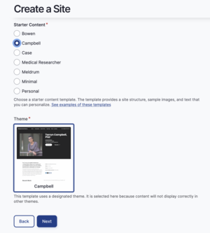 Website creation page with Campbell theme selected and options for Brown, Case, Medical Researcher, Medium, Minimal, Personal.