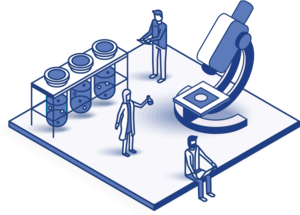Isometric graphic of scientists and researchers with microscope and test tubes