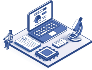 Isometric graphic of a laptop, a microscope, a research journal, and various technology 