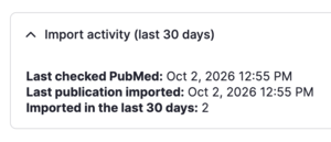 Import activity report for the last 30 days, last checked PubMed on October 2, 2026.
