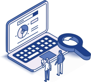 Isometric Graphic showing a computer with graphs, a magnifying glass, and people.