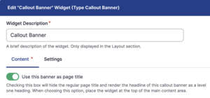 Content and Settings tabs on callout banner widget