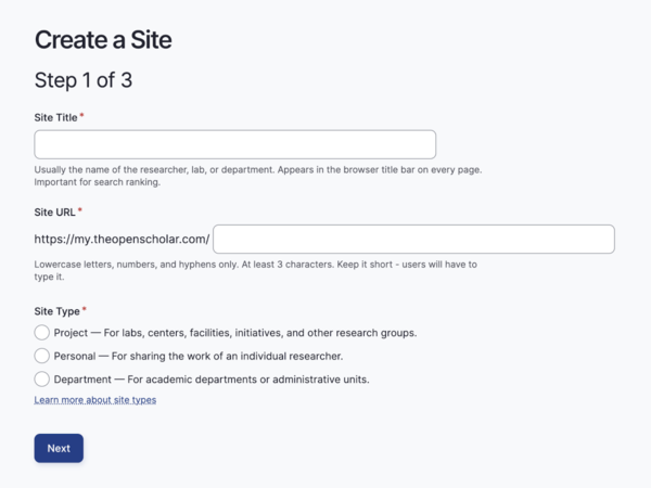 Create a site step one of three: Site Title, Site URL, Site Type.