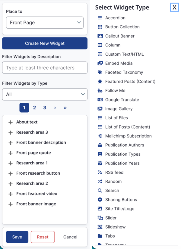 Select Widget Type screen with Front Page selected and multiple widget options.