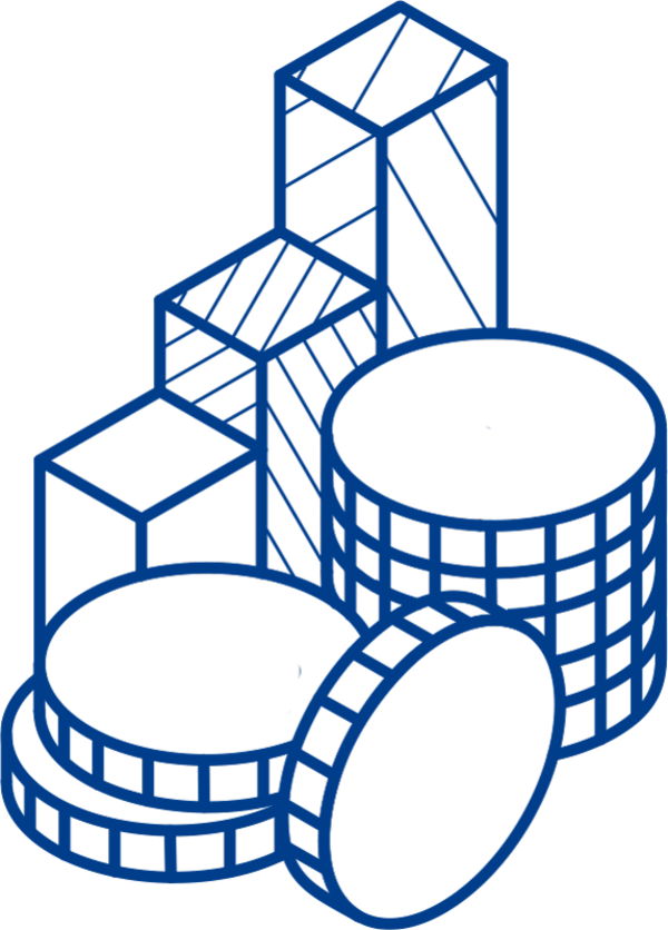 Isometric graphic of money and a bar graph.