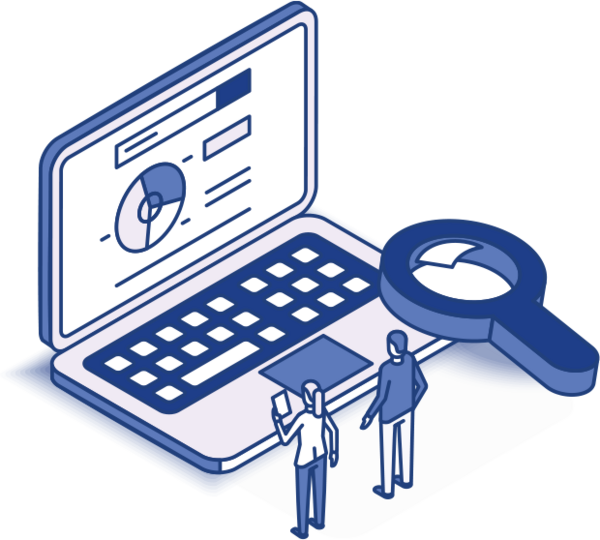 Isometric Graphic showing a computer with graphs, a magnifying glass, and people.