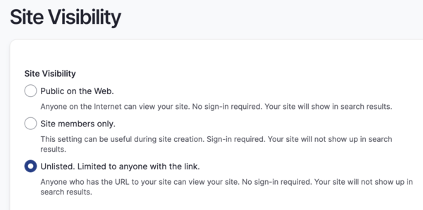 Site visibility options: Public, Unlisted, Members only