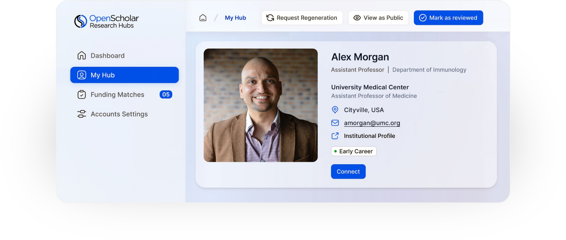 Screenshot of Hub profile with a headshot and professional information.