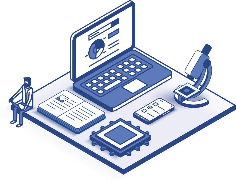 Isometric graphic of a laptop, a microscope, a research journal, and various technology 