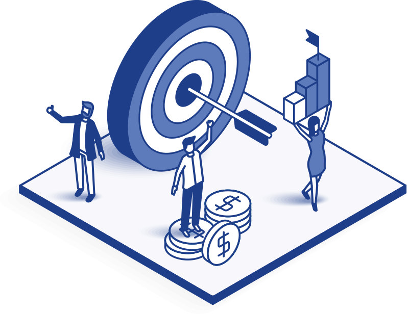 Isometric graphic of a target with an arrow in the bullseye, a man standing on money, and a woman holding up a rising bar graph