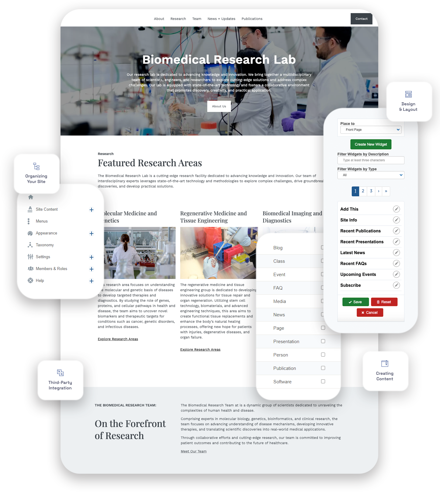 Interface of a research website with overlay panels showing OpenScholar's content management tools.