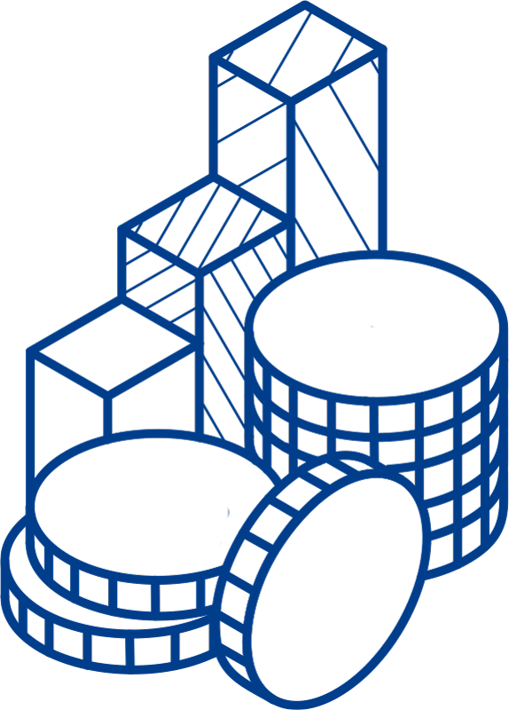 Isometric graphic of money and a bar graph.