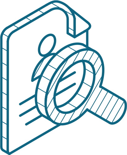Isometric graphic of a piece of paper with a profile on it and a magnifying glass.