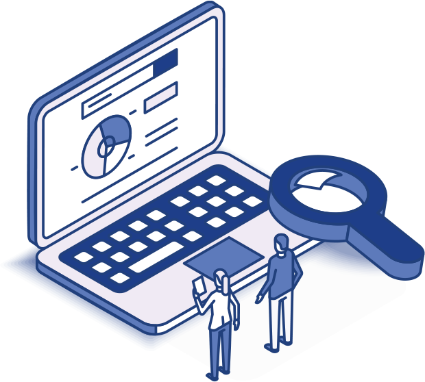 Isometric Graphic showing a computer with graphs, a magnifying glass, and people.